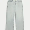 Ultra Low-Rise Light Wash Mini Waistband Shoelace Baggy Jeans