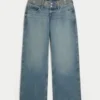 Ultra Low-Rise Medium Wash Embroidered Waist Baggy Jeans