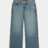 Ultra Low-Rise Medium Wash Embroidered Waist Baggy Jeans