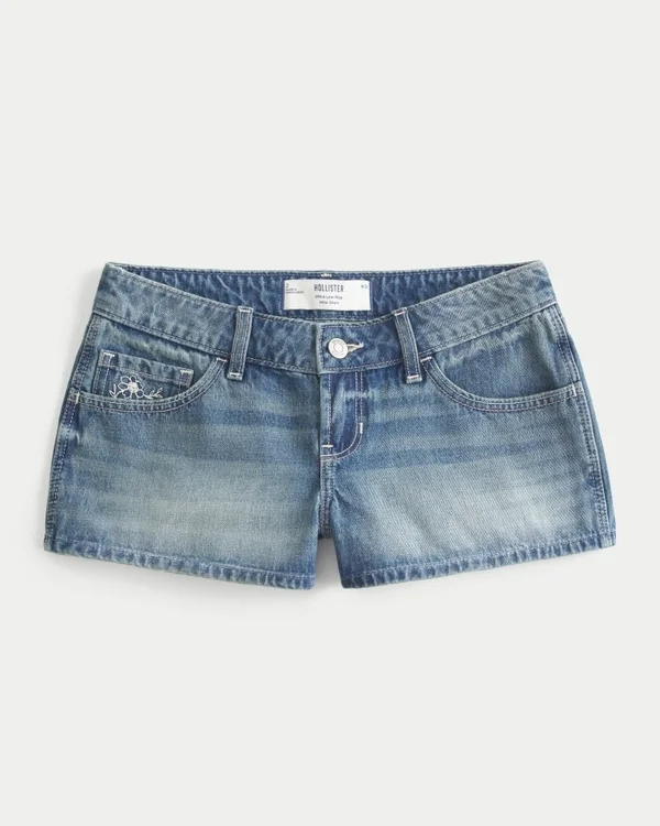 Ultra Low-Rise Medium Wash Floral Embroidered Denim Mini Shorts Ultra Low-Rise Medium Wash Floral Embroidered Denim Mini Shorts