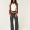 Ultra Low-Rise Washed Black Buckle Back Baggy Jeans