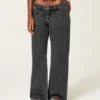 Ultra Low-Rise Washed Black Buckle Back Baggy Jeans