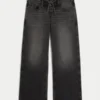 Ultra Low-Rise Washed Black Lace-Up Baggy Jeans