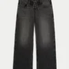Ultra Low-Rise Washed Black Lace-Up Baggy Jeans