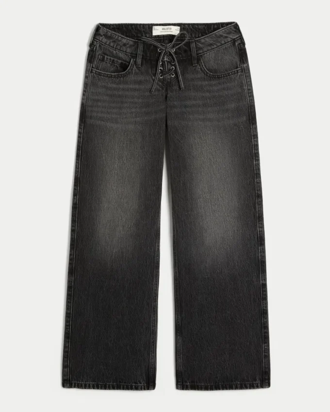Ultra Low-Rise Washed Black Lace-Up Baggy Jeans