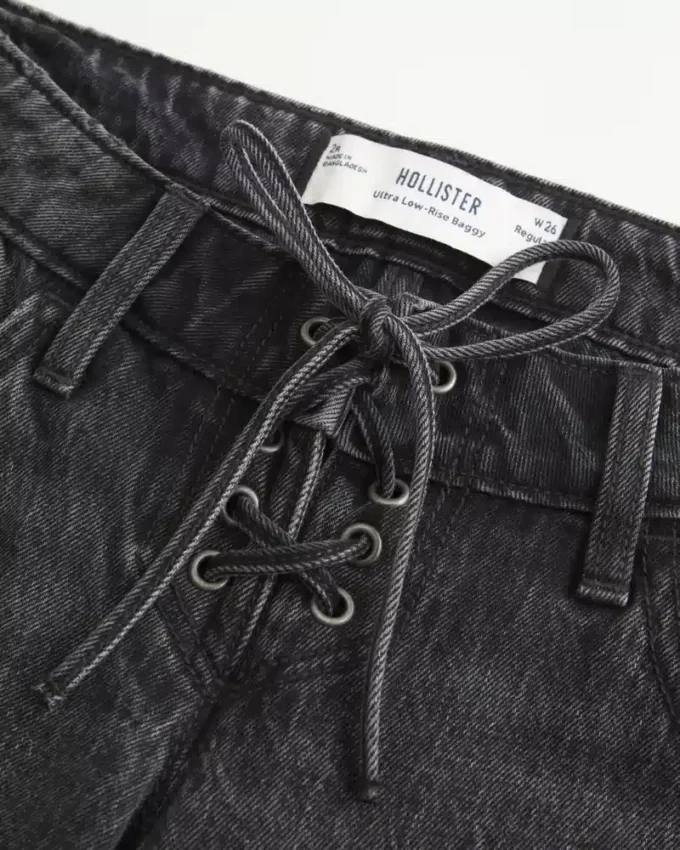 Ultra Low-Rise Washed Black Lace-Up Baggy Jeans