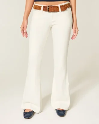 Ultra Low-Rise White Embroidered Pocket Flare Jeans