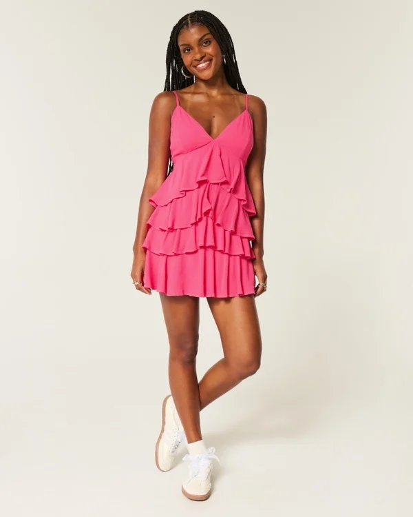 V-Neck Ruffled Tier Babydoll Mini Dress V-Neck Ruffled Tier Babydoll Mini Dress