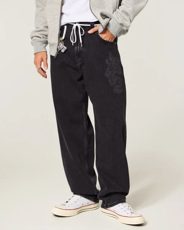 Washed Black Dragon Graphic Skater Baggy Jeans Washed Black Dragon Graphic Skater Baggy Jeans